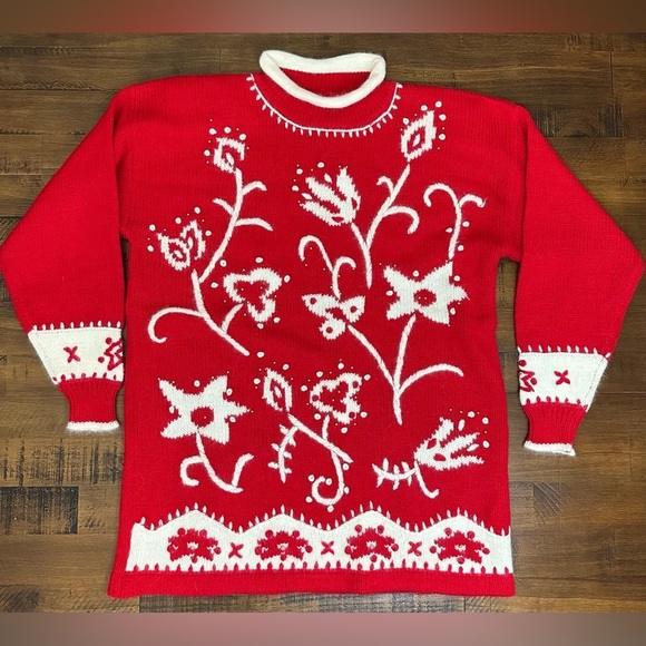 Dana Scott Sweaters - Vintage Dana Scott Mock‎ Neck Sweater Red embroidered Wool, Angora Size Medium